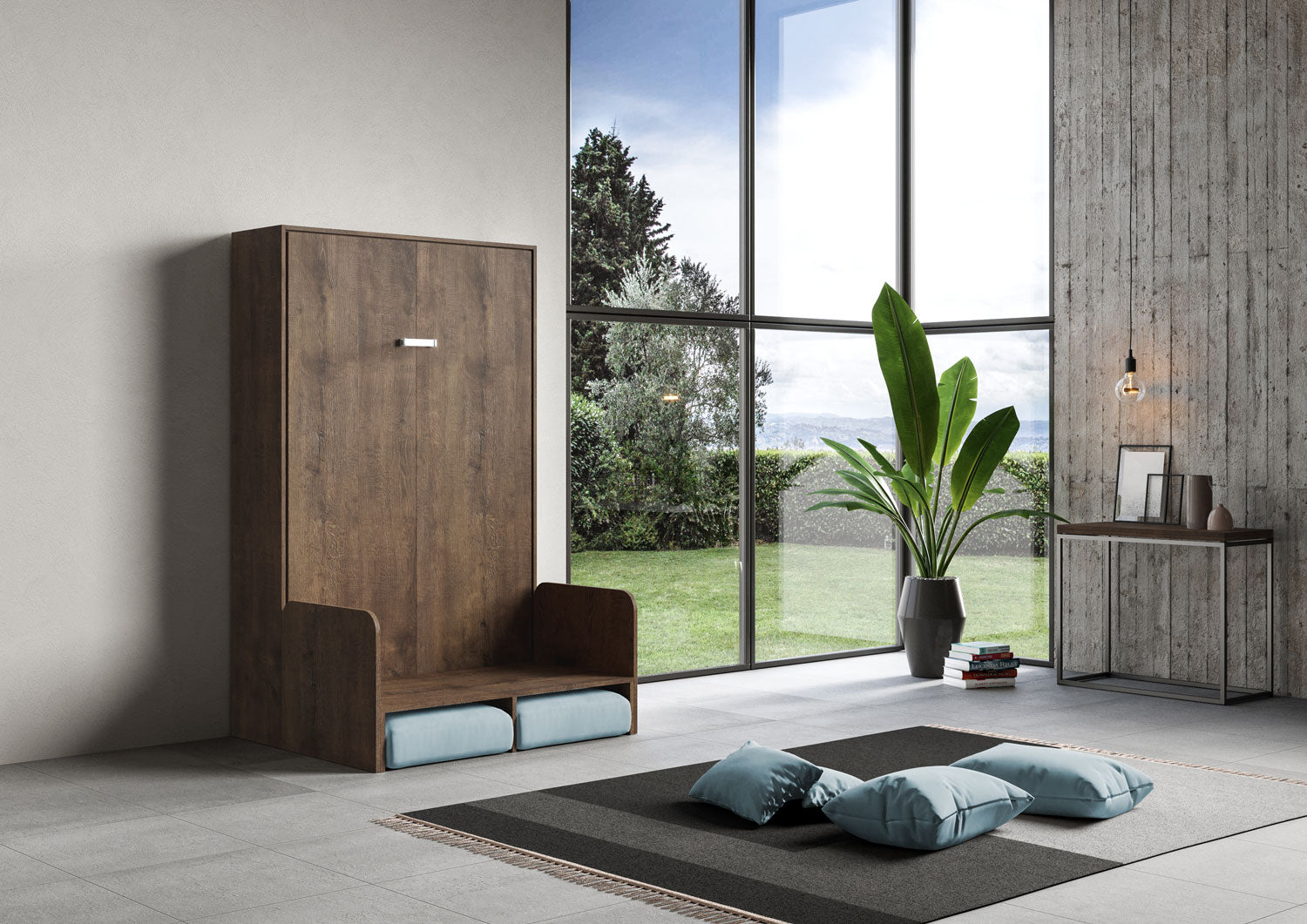 Letto Matrimoniale Francese A Scomparsa 140 Kentaro Con Divano Noce e Azzurro