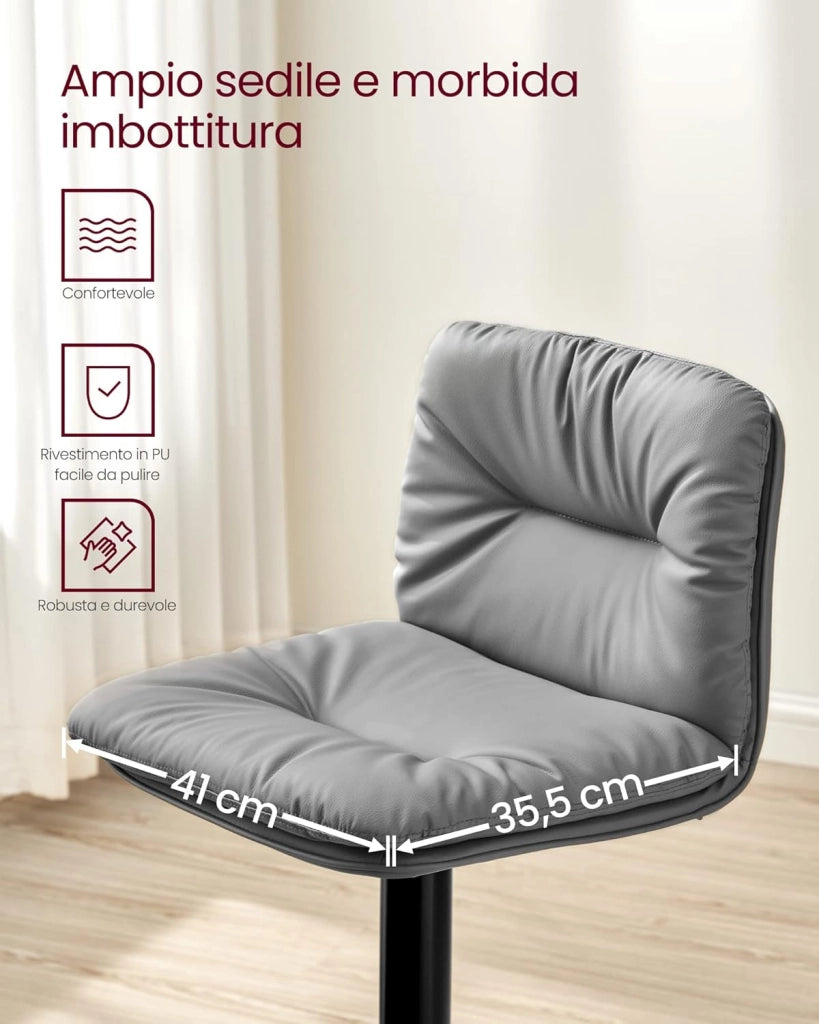 VASAGLE Set di 2 Sgabelli da Cucina, Sgabelli da Bar, Regolabili in Altezza con Rivestimento in PU, Girevole a 360°, Sedia da Bar con Schienale e Poggiapiedi, Grigio LJB094G01