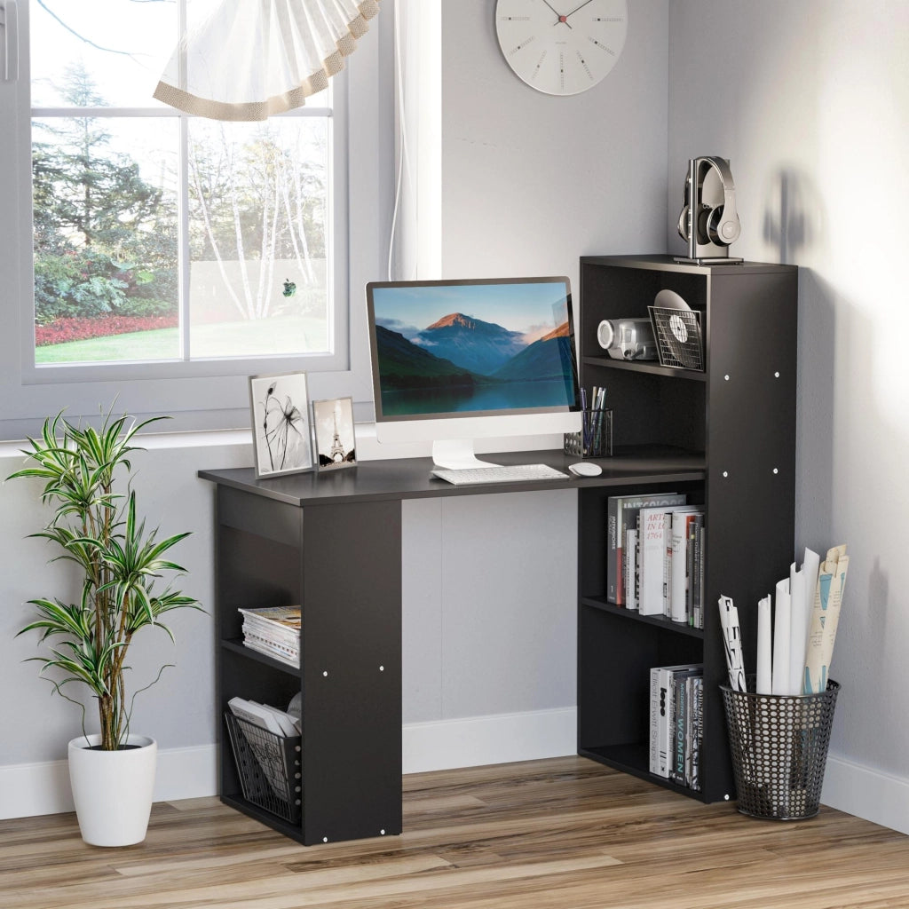 Scrivania PC in Legno con 6 Ripiani Portaoggetti Laterali, 120x55x120 cm, Nero