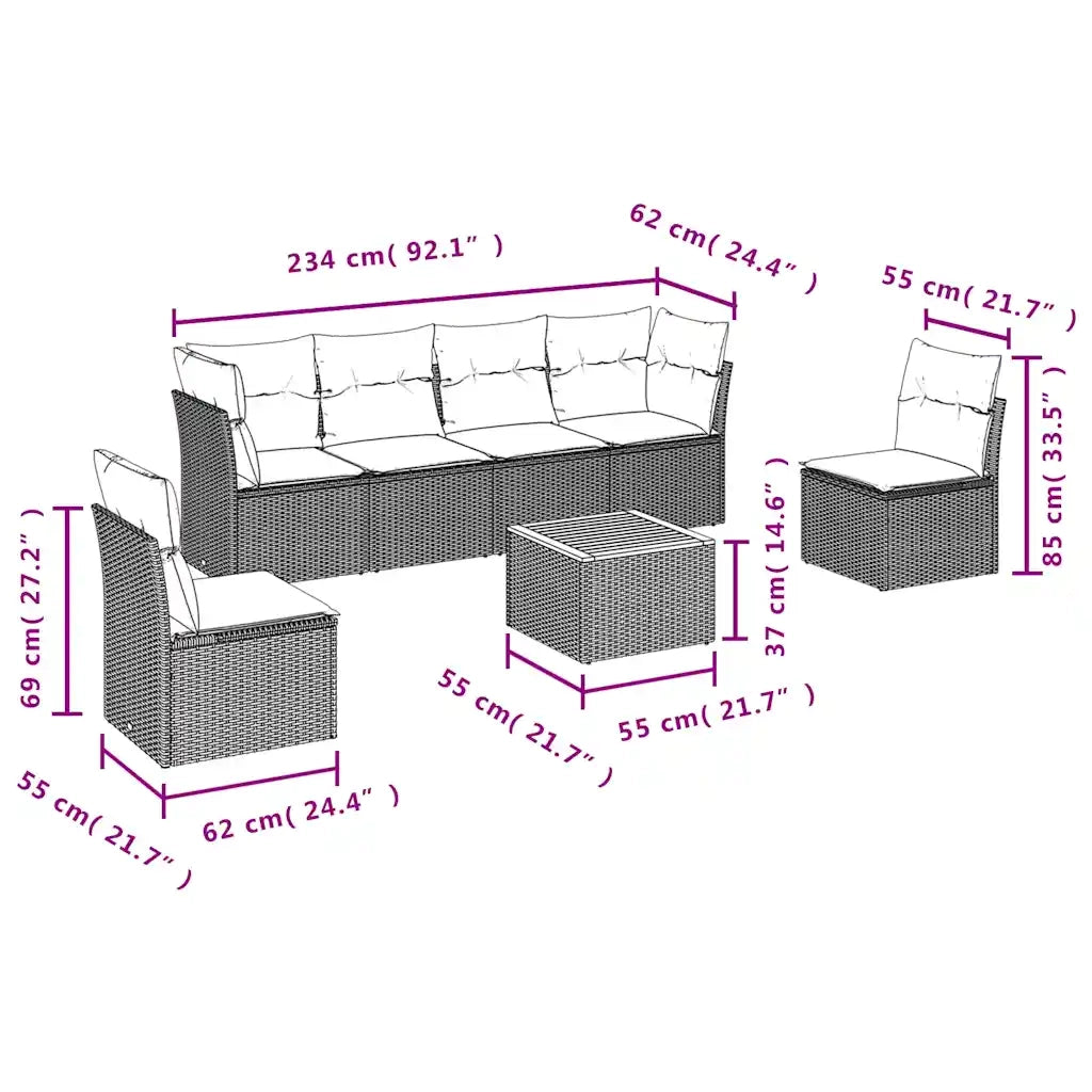 Set Divani da Giardino 7 pz con Cuscini Grigio in Polyrattan 3255886