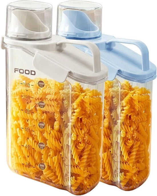 Set di conservazione, 2 pezzi, 2,8 litri, per cucina, contenitore di plastica a chiusura ermetica, con coperchio e misurino, per conservazione di pasta, riso e cibo per animali domestici.