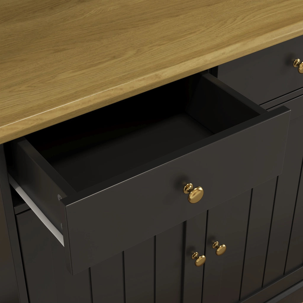 Credenza alta con ante in vetro, portabicchieri e prese USB, in truciolare nero per cucina 120 × 40 × 191 cm