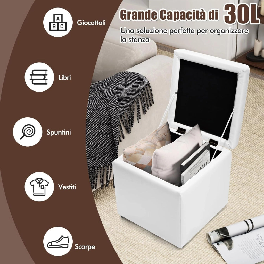 Pouf Contenitore Quadrato, Cubo Poggiapiedi di 30 L, Carico Max. 150 kg, 40 x 40 x 40 cm (Bianco)