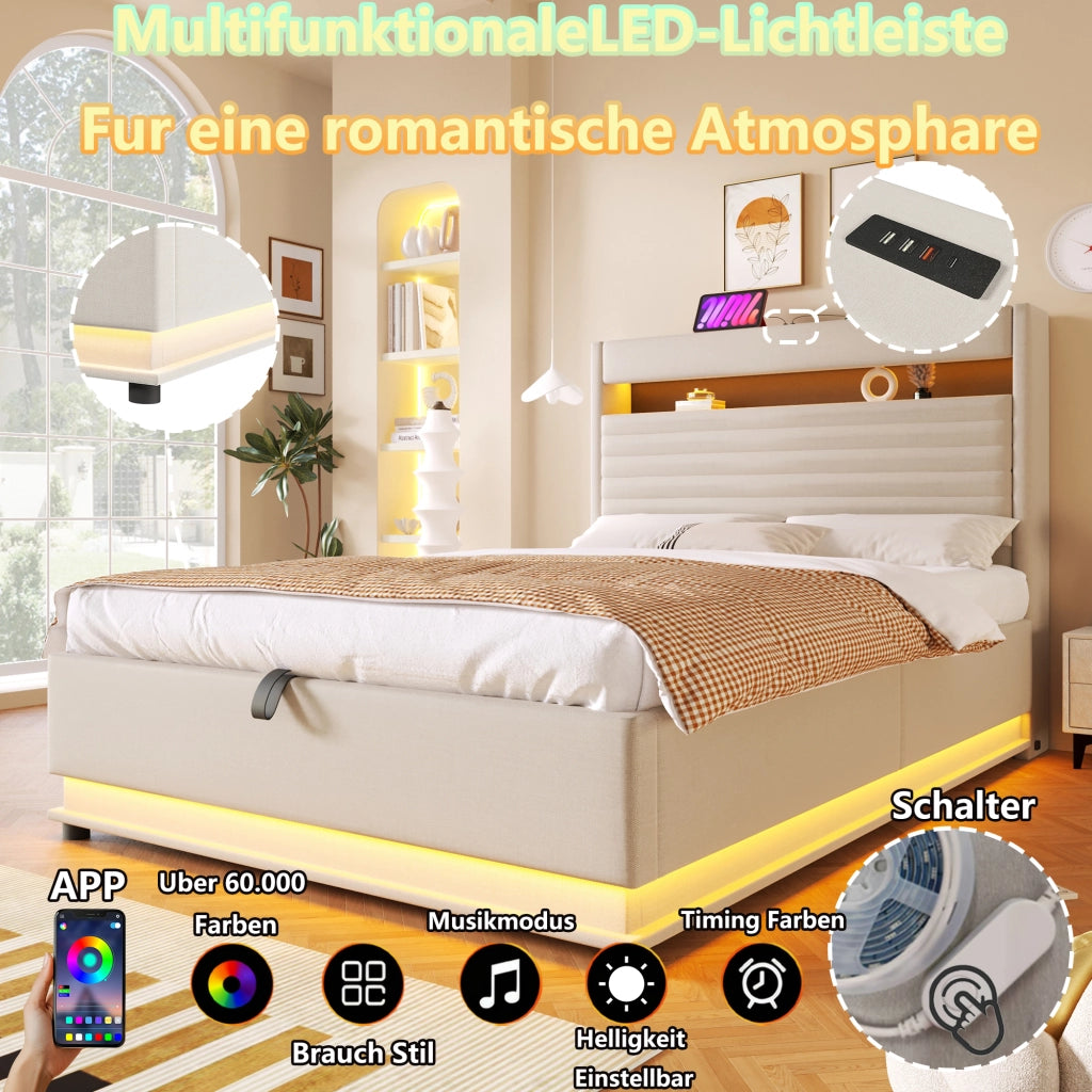 DESMIU Letto contenitore 140 × 200 cm 2 posti con LED, USB Type-C, vano idraulico, senza materasso, in lino, beige