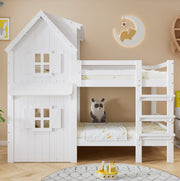 Letto a castello per bambini bianco 90x200 cm con tetto, finestre e scala
