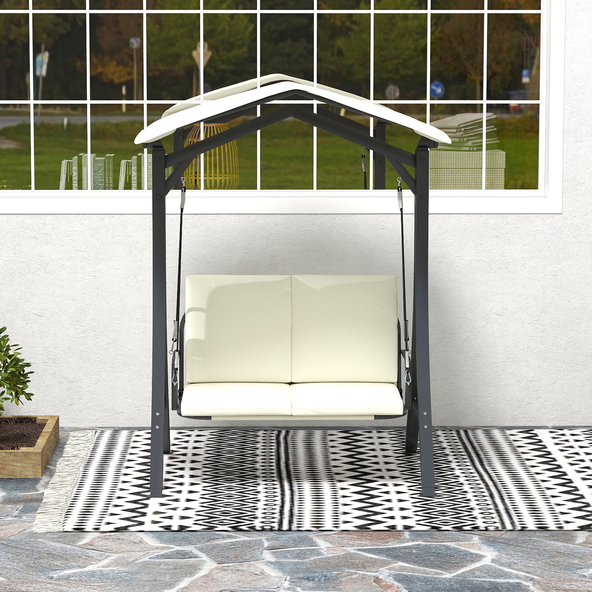 Dondolo da Giardino 2 Posti 150x120x182 cm con Tettuccio Regolabile Crema
