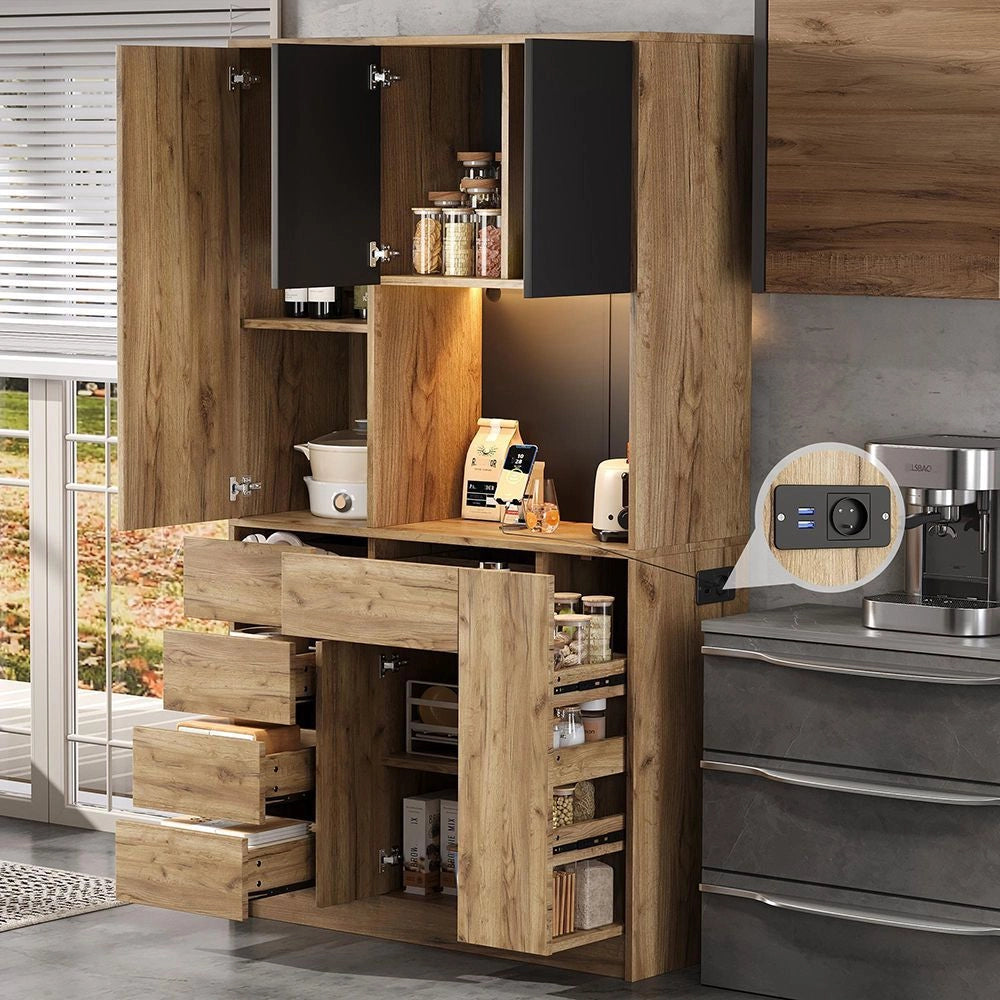 Armadio da cucina alto - Xylo - 185x105x40cm - Ripiano spezie scorrevole, illuminazione LED