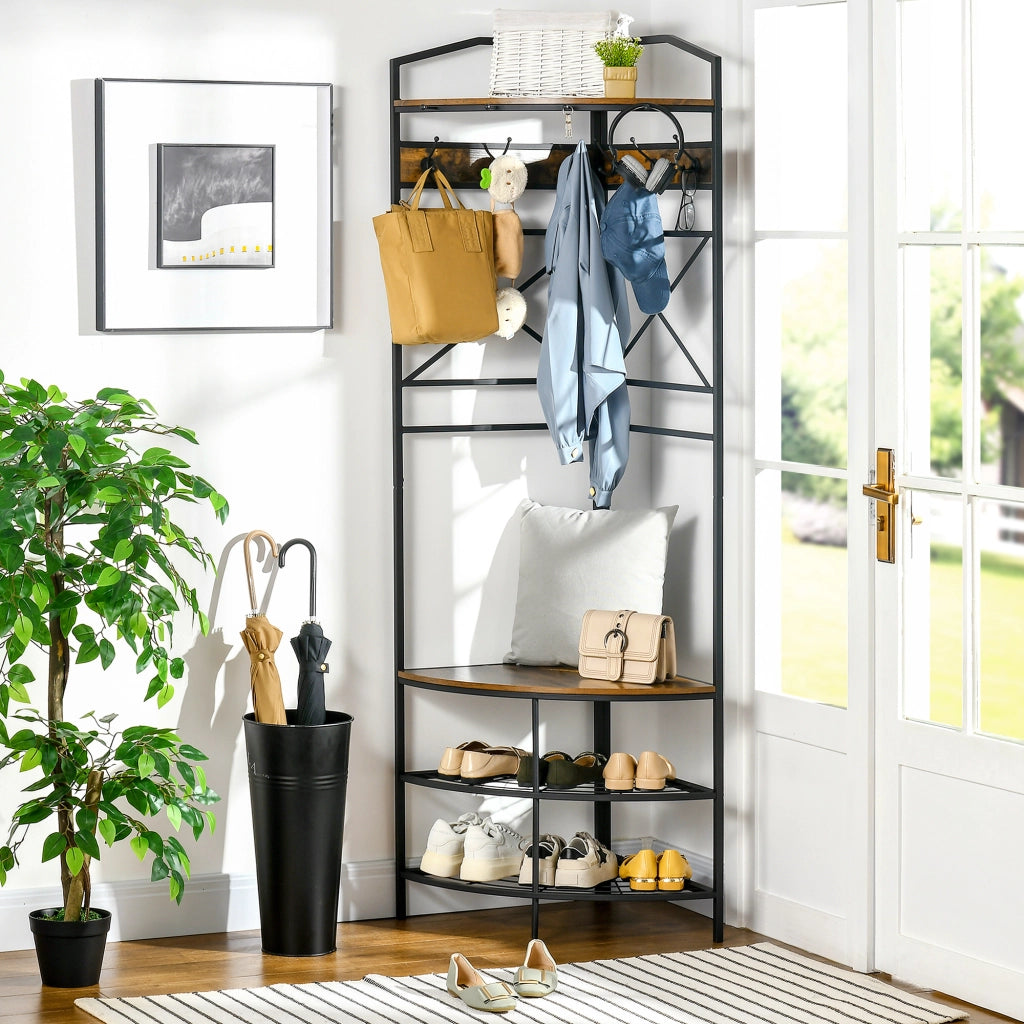 Appendiabiti da Terra Angolare con Panca e Scarpiera in Stile Industriale, 50x50x183cm, Marrone