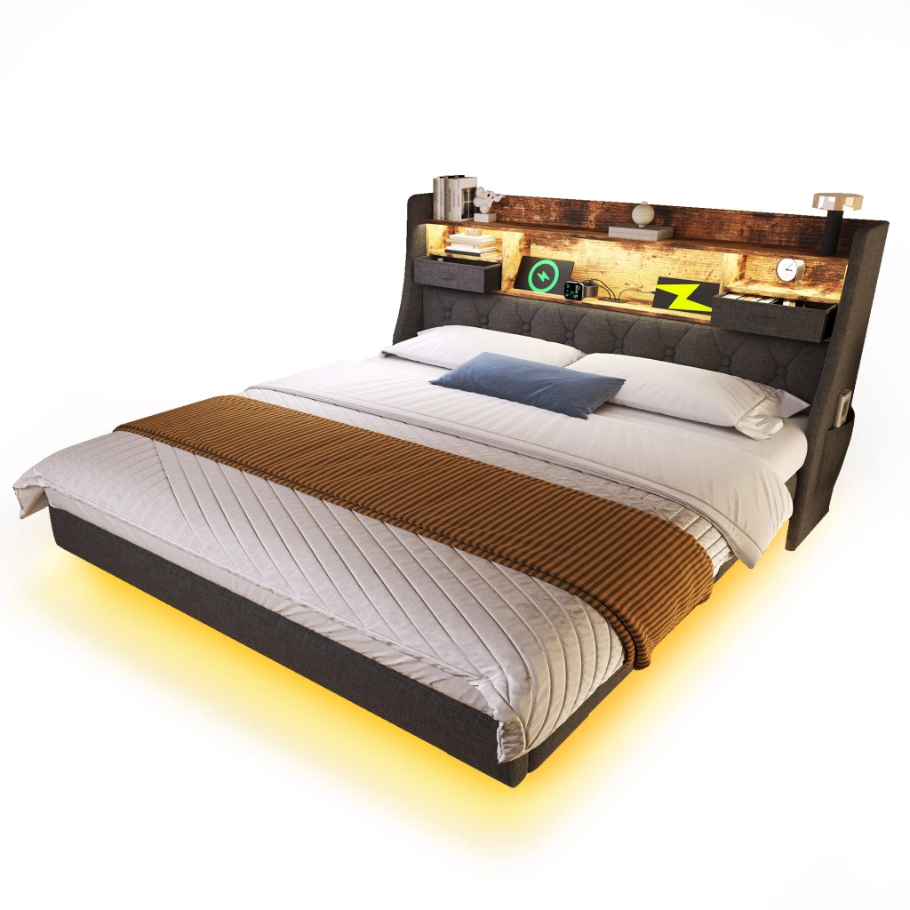 OKWISH Letto contenitore 140×190 cm, Letto Matrimoniale con LED Regolabile, USB, Type-C e Testiera con Contenitore, senza Materasso, Lino, Grigio