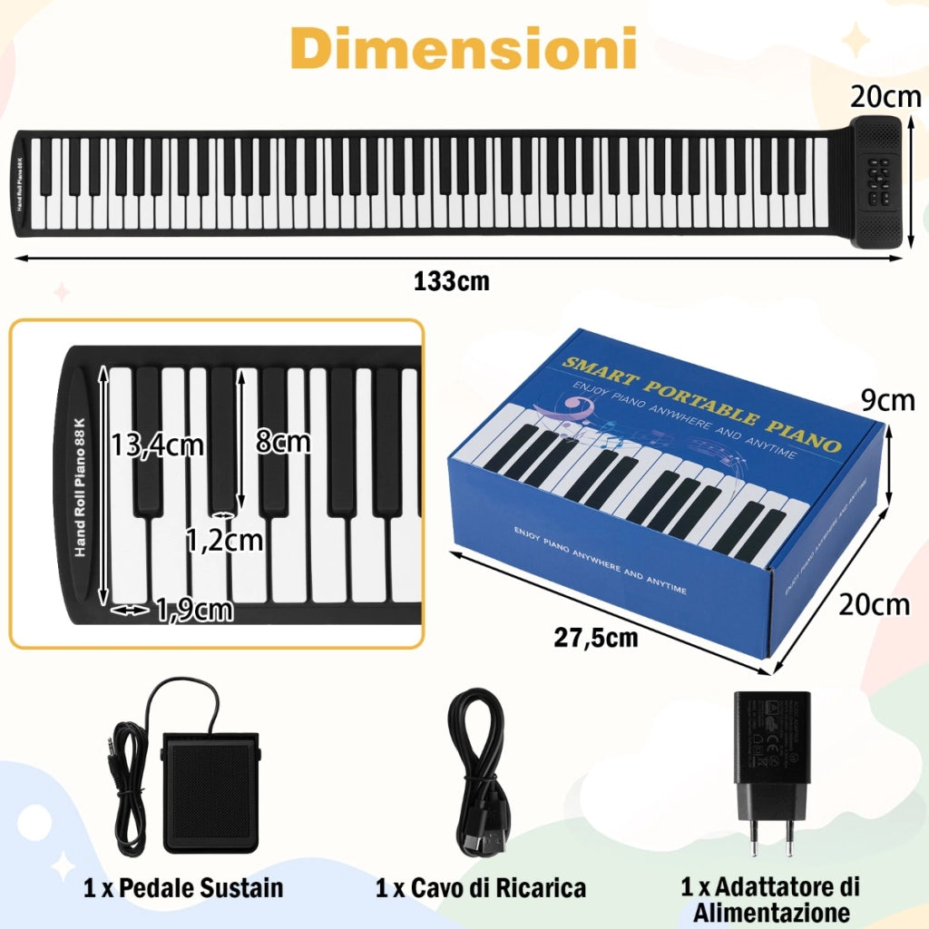 Pianoforte roll up a 88 tasti con tastiera pianoforte e 128 ritmi-Pianoforte roll up a 88 tasti con connessione wireless per principianti Nero