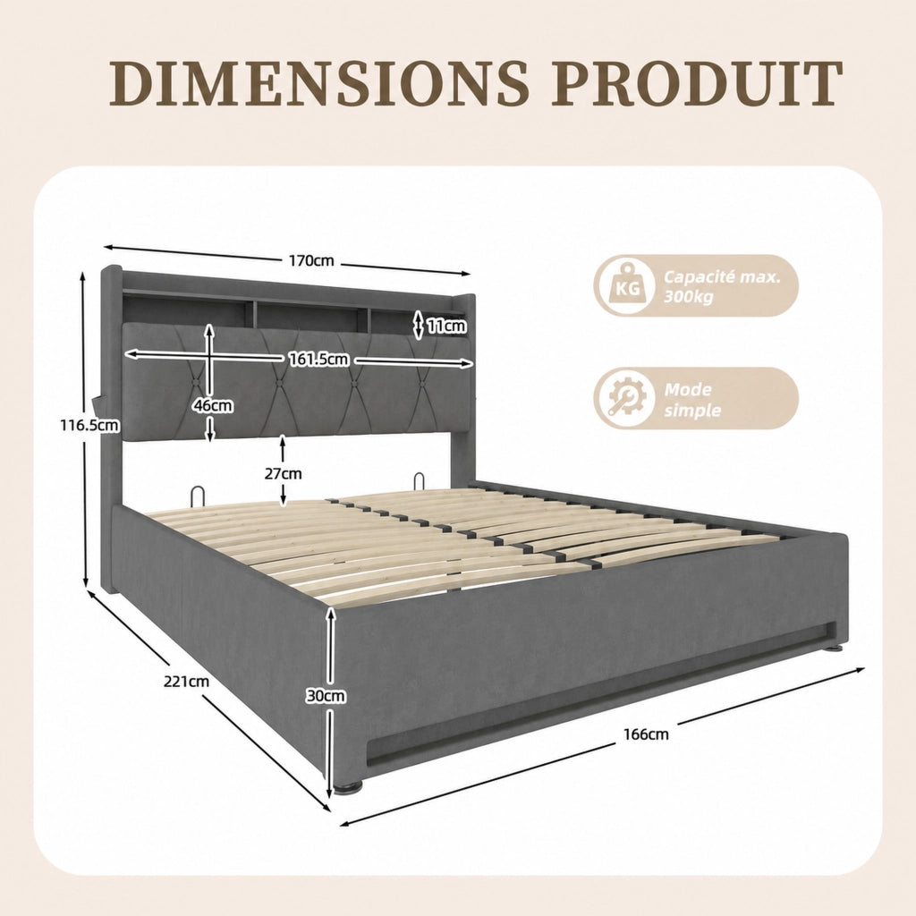 DESMIU Lit contenitore 160 × 200 cm 2 posti con testiera, LED, USB e Type-C, senza materasso, grigio