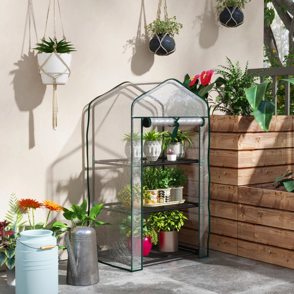 Mini Serra da Giardino 59x39x127 cm con Copertura 3 Ripiani e Porta Avvolgibile in PE Trasparente