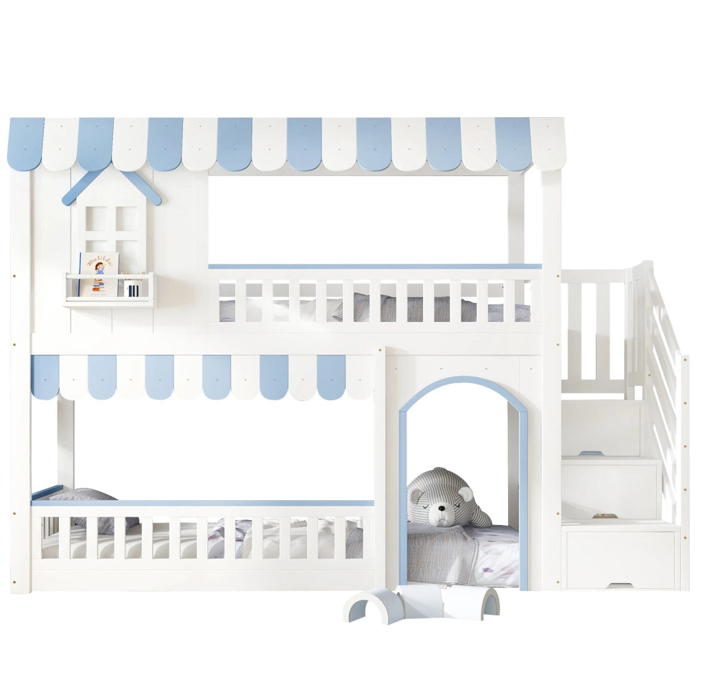 Letto a castello per bambini 90x200 cm con scala contenitore e sponde di sicurezza; bianco e blu