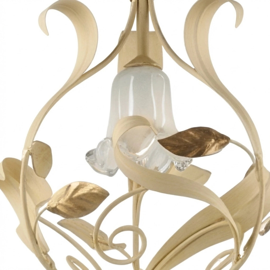 Lampadario Arte Povera Cesto Metallo Avorio E Oro 1 Luce E14