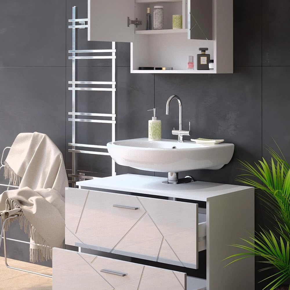 Set mobili bagno Irma, Bianco lucido, 80 cm, composto da specchio da bagno e mobile sottolavabo