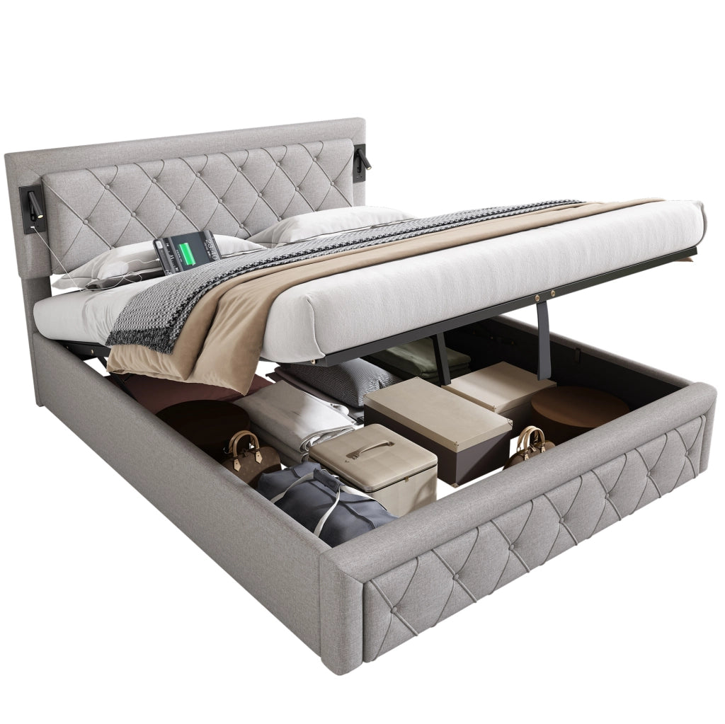 Letto matrimoniale imbottito con contenitore; luce integrata e porte USB; in lino grigio