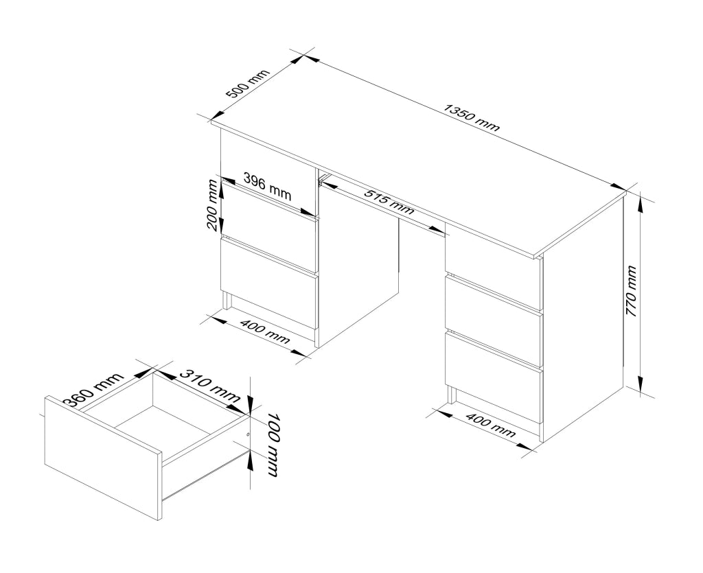 Scrivania per computer AKORD A11 Ontano 135 cm 6 cassetti 135x50x77 cm