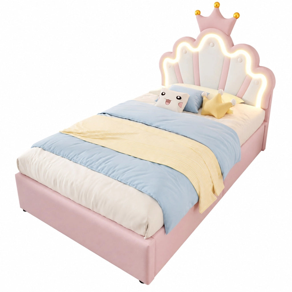 Letto imbottito 90x200 cm in PU rosa con testiera regolabile; LED e contenitore idraulico