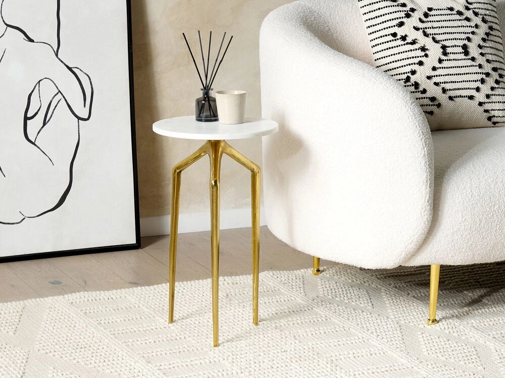 Tavolino con piano in marmo bianco e 3 gambe in metallo dorato 30 x 30 cm Rotondo Glam Moderno Soggiorno Camera da letto