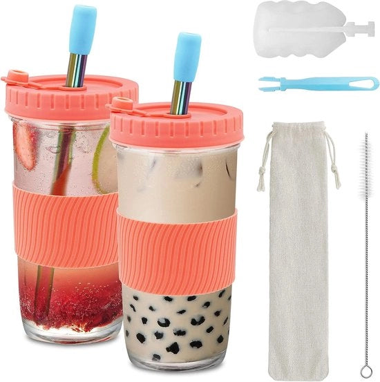 2 bicchieri di tè al bubble in rosa, con tappo e stuzzo in acciaio inox, 730 ml, bicchiere con stuzzo, giare in vetro per riciclare per milkshake, succhi, smoothie, birra