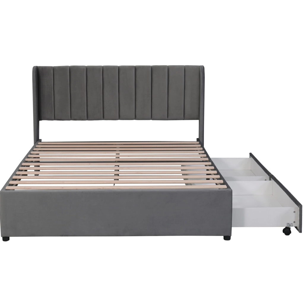 Letto matrimoniale 160x200 cm; testiera alta con 2 cassetti; velluto grigio (Senza materasso)