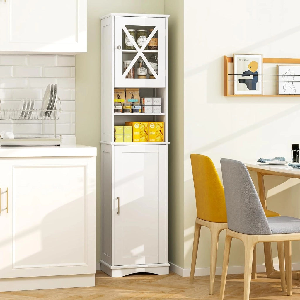 Armadietto da Bagno Slim con 2 Ante, Ripiano Regolabile e 2 Scomparti Aperti, Mobile Alto per Bagno e Soggiorno, Moderno，2 Colori