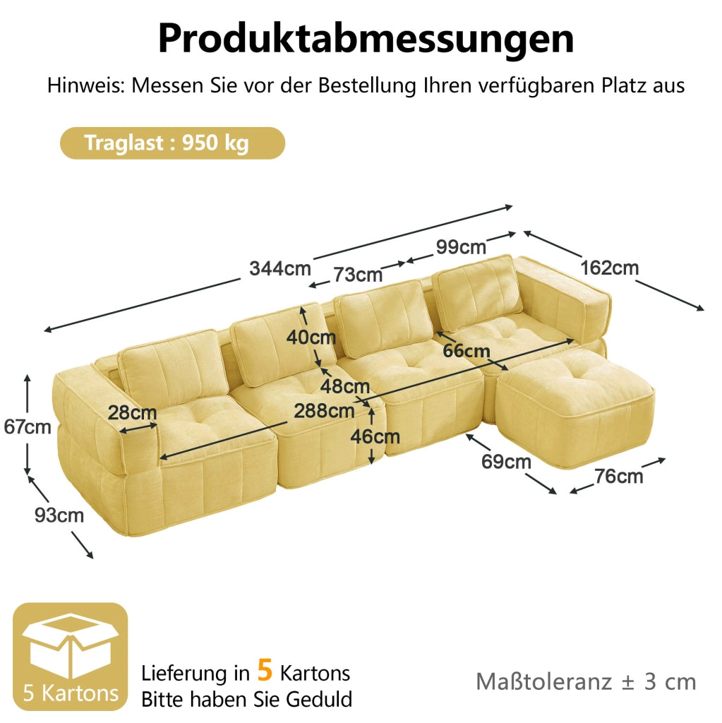 Divano modulare angolare 4 posti con pouf; 344x162x67 cm; in poliestere giallo