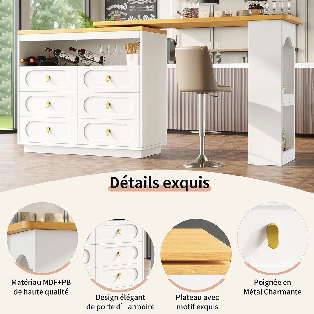 Tavolo bar estensibile - Xylo - rotante 360° con ruote bianco 138-203cm
