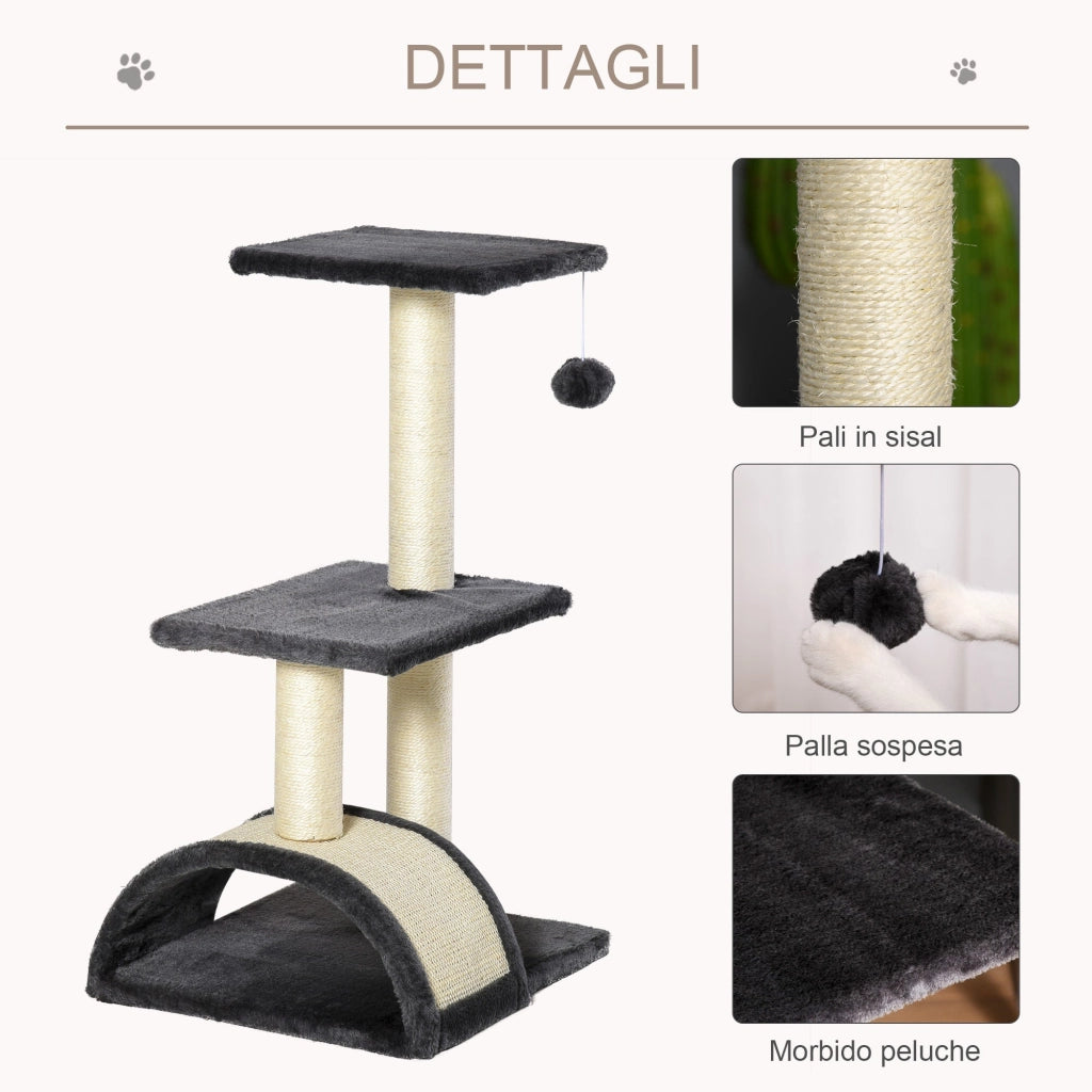 Albero Tiragraffi per Gatti 3 Livelli 40x35x72 cm Piattaforme Arco e Palline in Sisal e Peluche Grigio