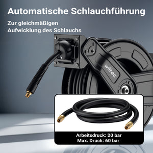 Avvolgitubo per aria compressa 20 m, avvolgitubo automatico in acciaio, 20 bar, facile montaggio a muro, girevole a 180°