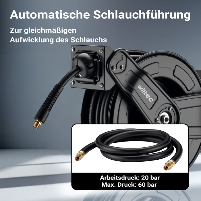 Avvolgitubo per aria compressa 20 m, avvolgitubo automatico in acciaio, 20 bar, facile montaggio a muro, girevole a 180°