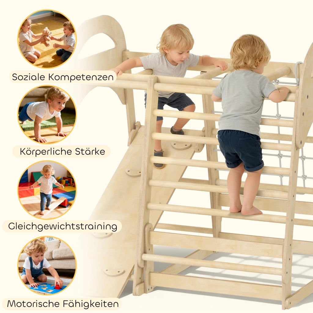 Set arrampicata interno 6-in-1 ¨C Xylo ¨C con scivolo, scala, rete e parete, legno, 3-6 anni
