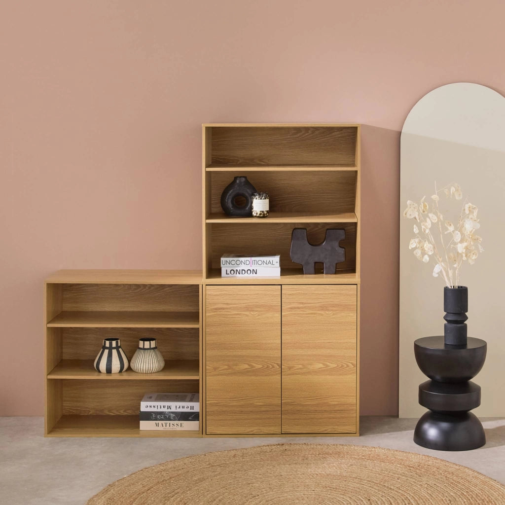 Libreria modulare con 2 ante e 5 livelli, quercia