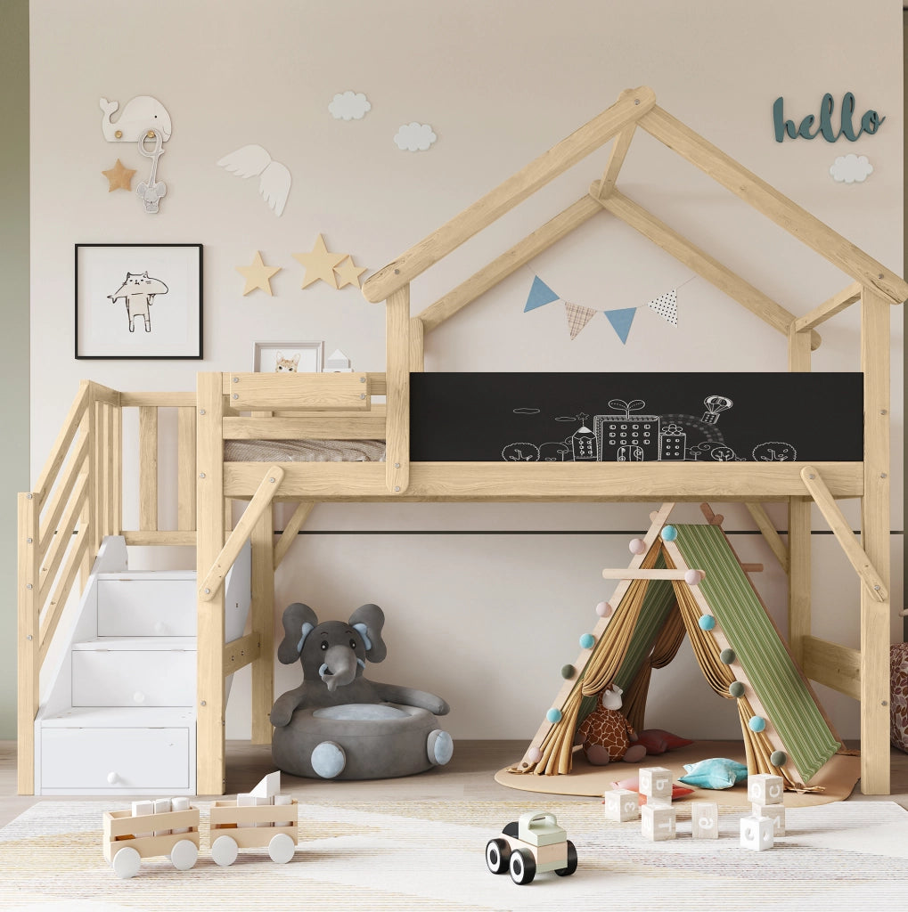 Letto a castello 90x200 cm con scala contenitore e lavagna; legno bianco e naturale