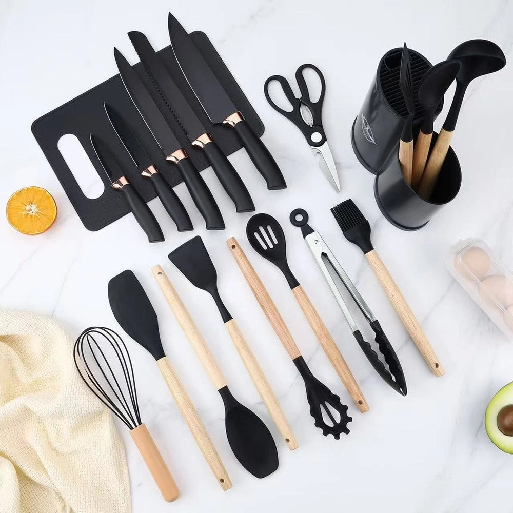 Trade Shop - Set Di Utensili Coltelli Da Cucina Da Chef Da 19 Pezzi In Silicone Con Manico In Legno -