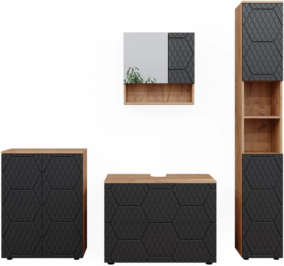 set mobili bagno Irma, Quercia dorata/Antracite, 4 pezzi, con cassettiera e mobile midi