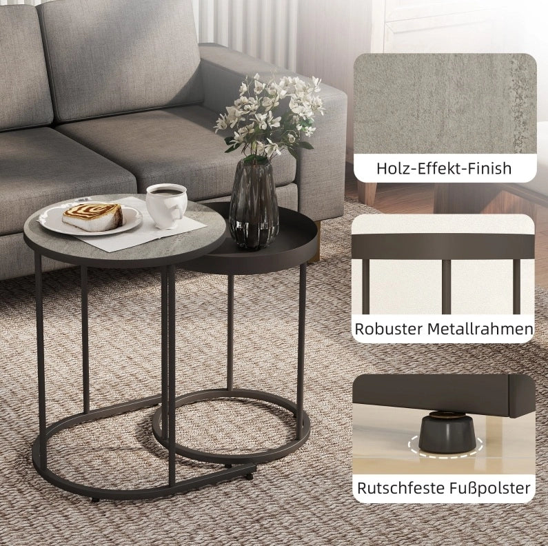 Set di 2 tavolini rotondi impilabili in MDF e metallo grigio