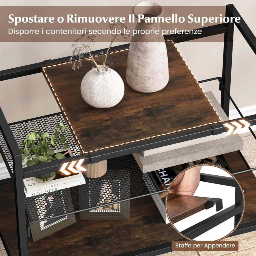 Tavolino Basso da Divano a 3 Livelli con Struttura in Metallo, Pannello Rimovibile, Ripiano in Rete e Piedini Regolabili, Tavolino Industriale da Salotto, Ingresso e Studio