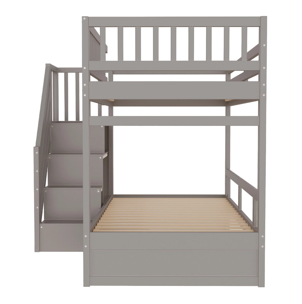 Letto a castello 90x200 cm con scala contenitore; sponde di sicurezza e cassetti in legno grigio