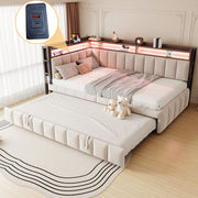 Divano letto angolare estraibile 90x200 cm in velluto beige con LED; USB e Type-C