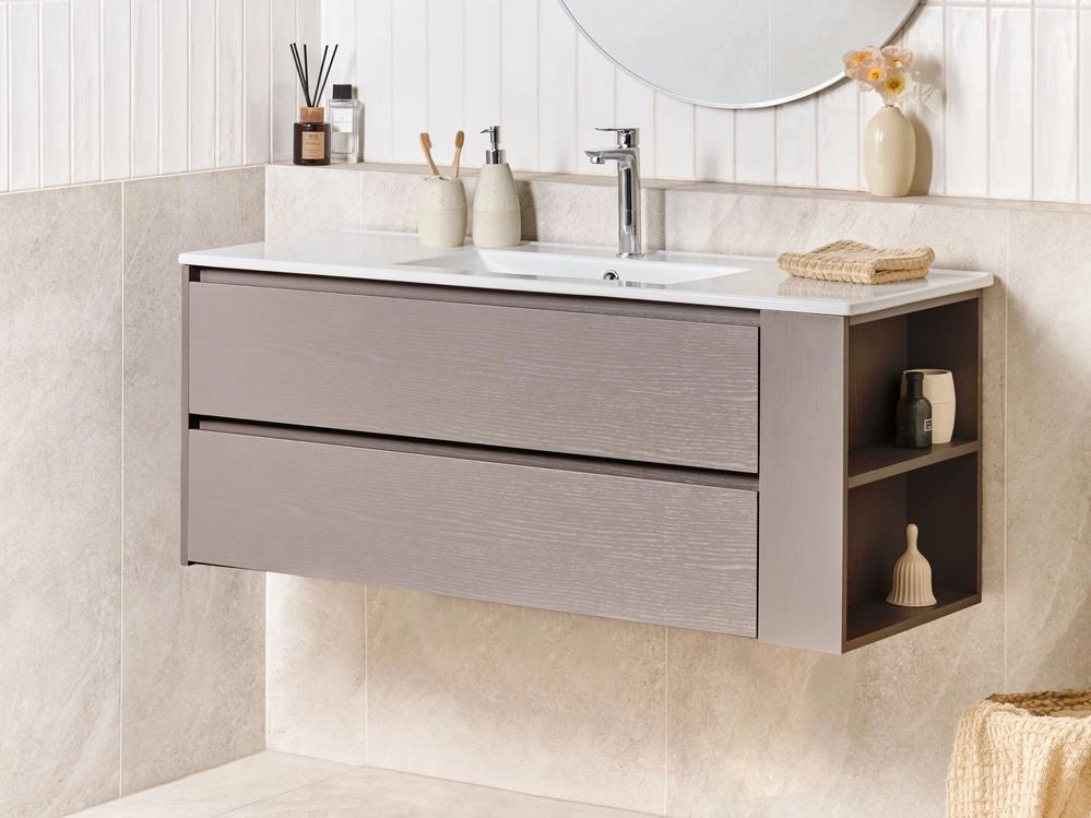 Mobile da bagno sospeso con lavabo in legno ingegnerizzato con contenitore 120 cm tortora design moderno