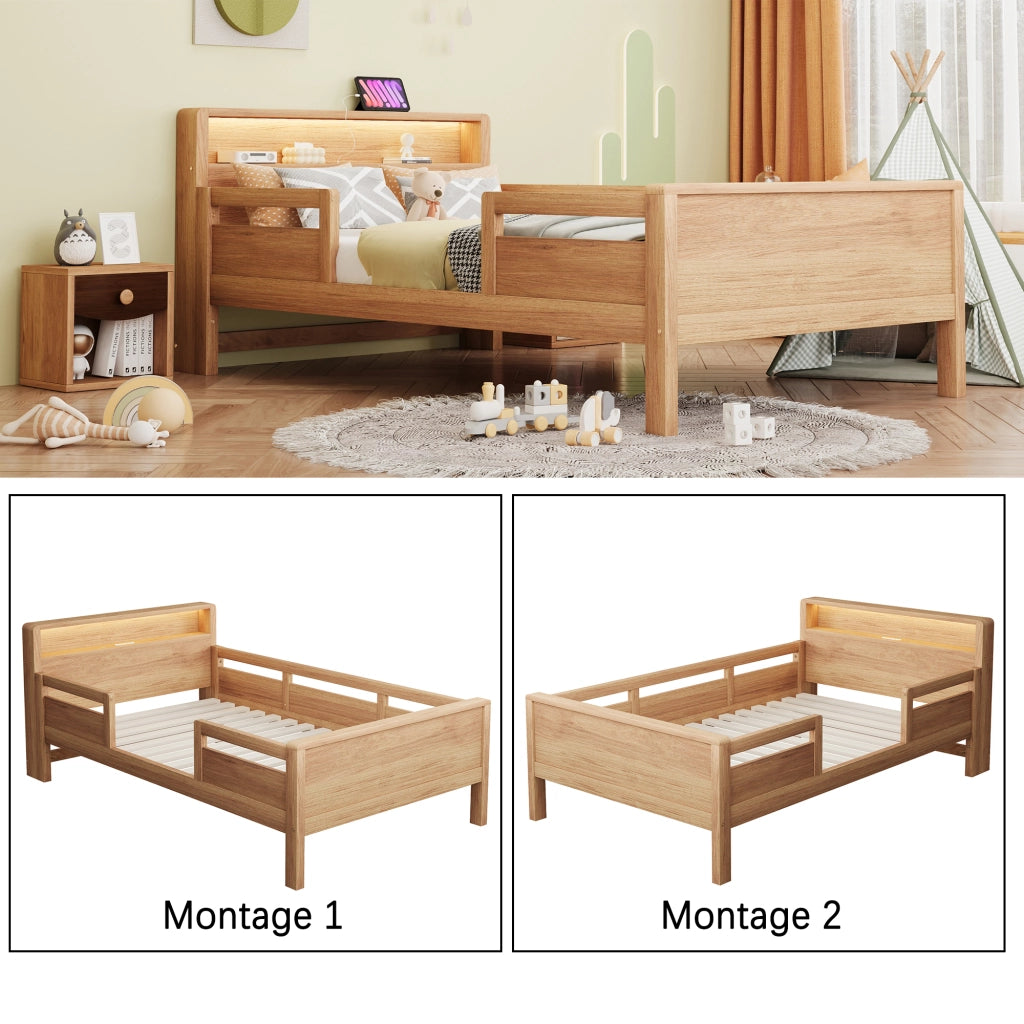Letto per bambini 90 × 200 cm con LED, USB e Type-C, testiera con ripiano, sponde di sicurezza, senza materasso