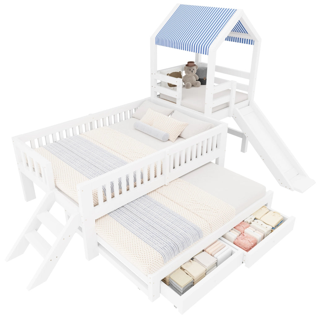 Letto a casetta per bambini con letto estraibile, scivolo e cassetti