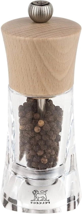 Molinello per pepe da 14 cm - pepe nero - sistema di affilatura classico - realizzato con legno certificato PEFC e acrilico - colore naturale e trasparente - Made in France