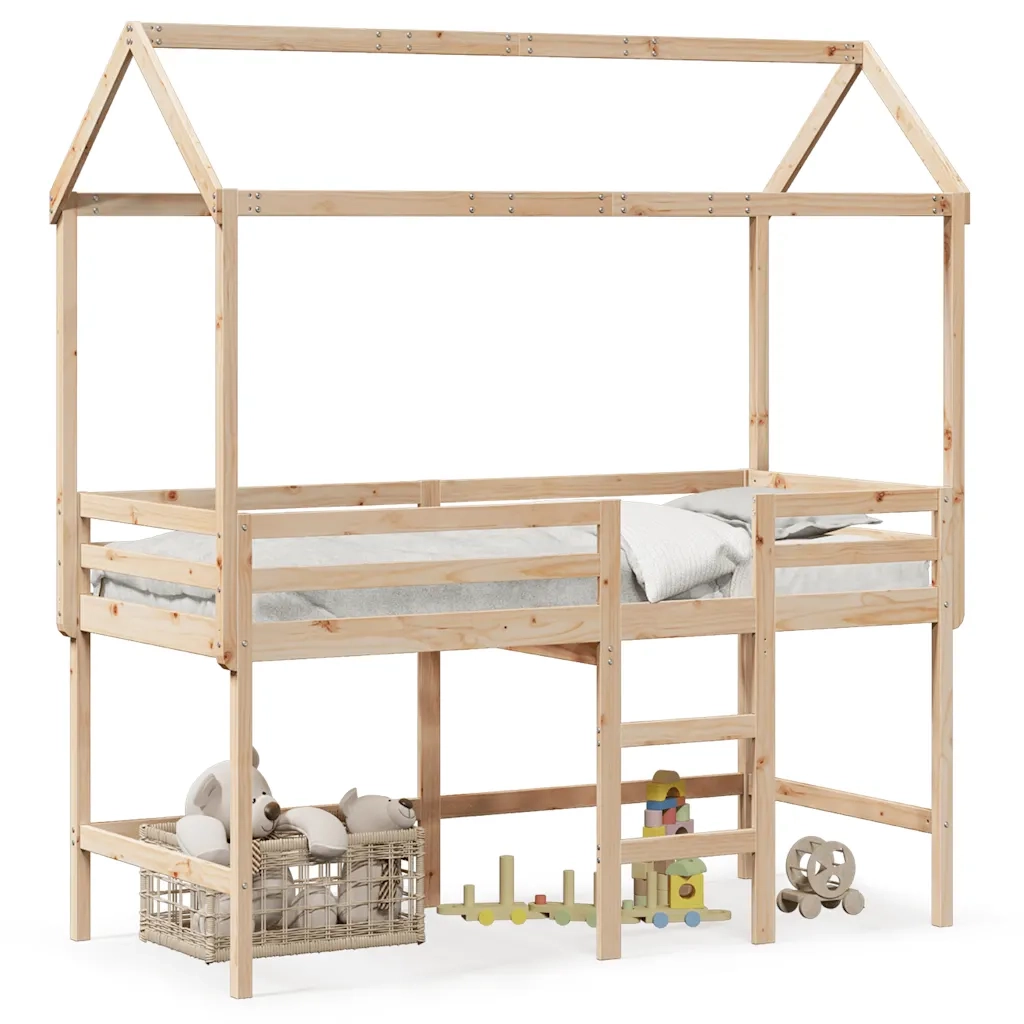 Letto Soppalco con Scala e Tetto 90x190 cm Legno Massello Pino