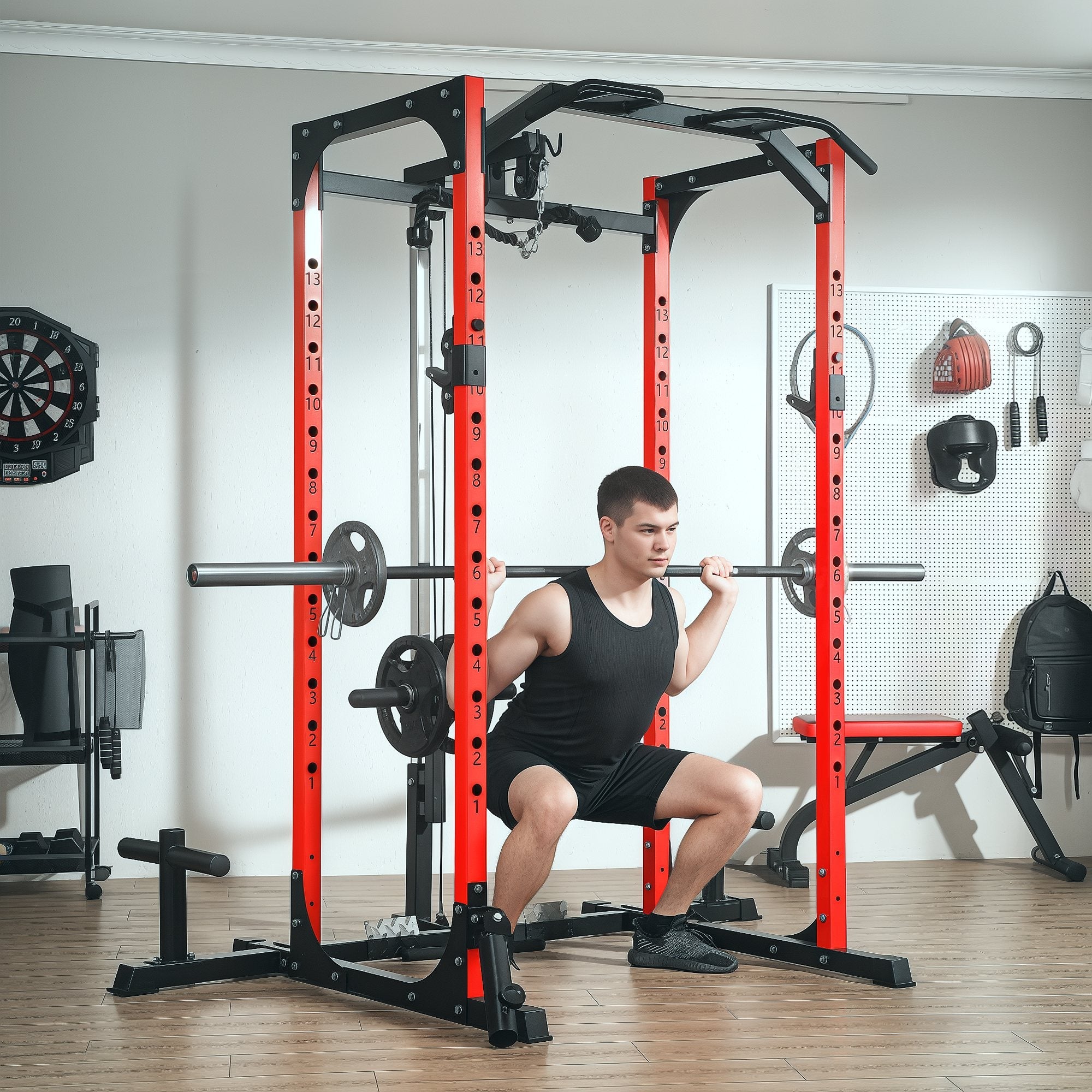 Stazione Fitness 191x153x205 cm Bilanciere Trazioni e Dip in Acciaio Rosso e Nero