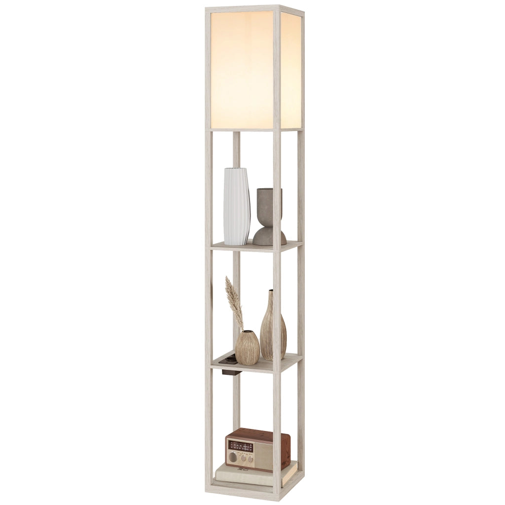 Lampada da Terra con Ripiani, Luce Regolabile, Interruttore a Pedale e Porte USB, Bianco e Rovere