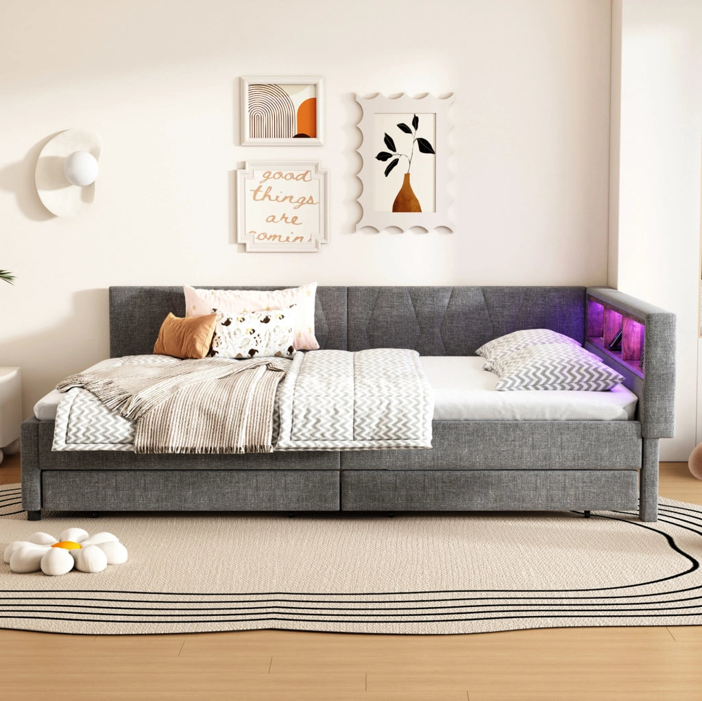 Letto 140x200 cm con LED; USB+Type C e cassetti in lino grigio