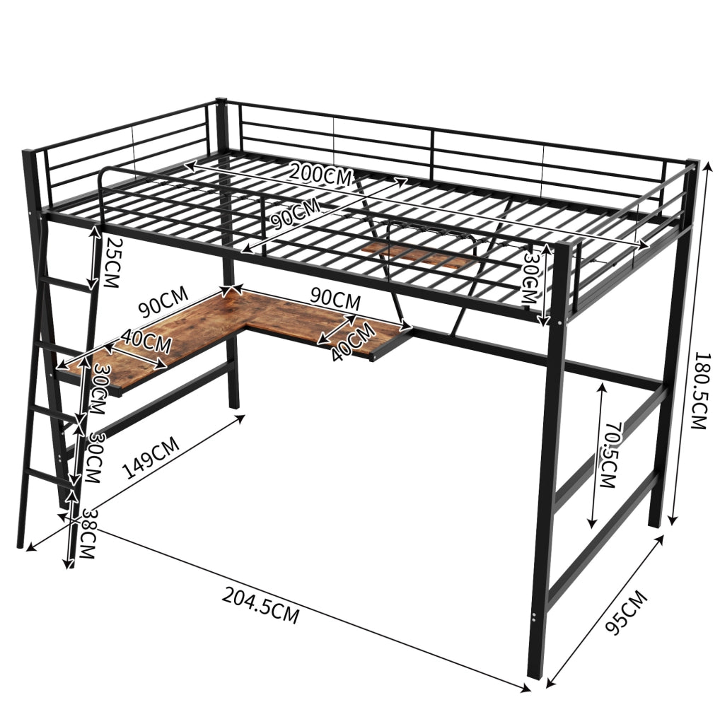 Letto a soppalco con scrivania a L e ripiano 90x200 cm; metallo e MDF; nero