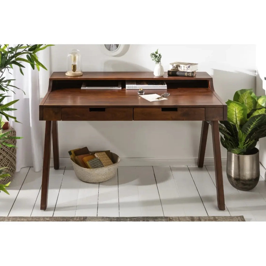 Scrivania retta SKAGEN 120 cm in legno massiccio di acacia verniciato con 2 cassetti e scaffale – Stile Davenport